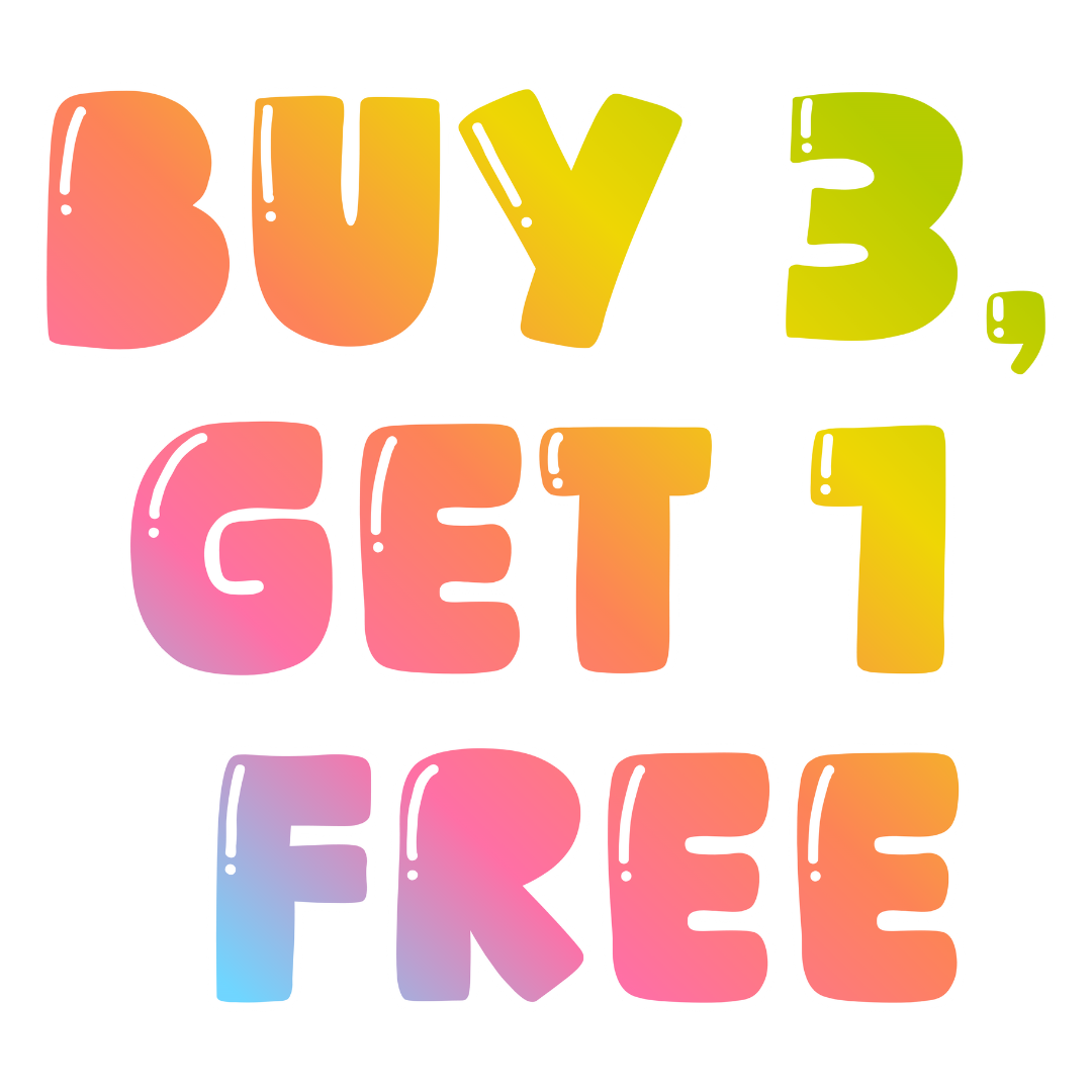 Colorful gradient text 'BUY 3, GET 1 FREE' on a white background