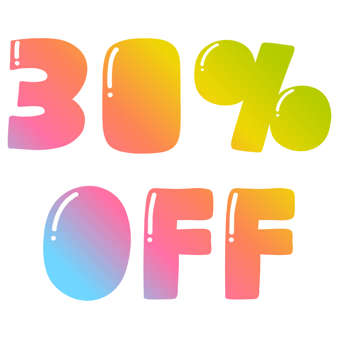 Colorful gradient text displaying '30% OFF' on a white background