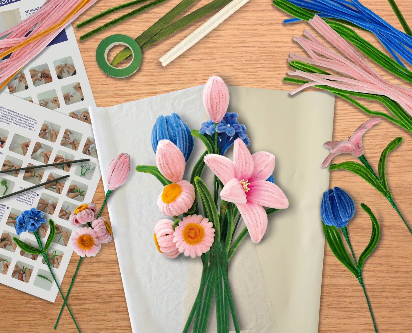 DIY Chenille Flower Bouquet Kit – Pink & Blue Mix