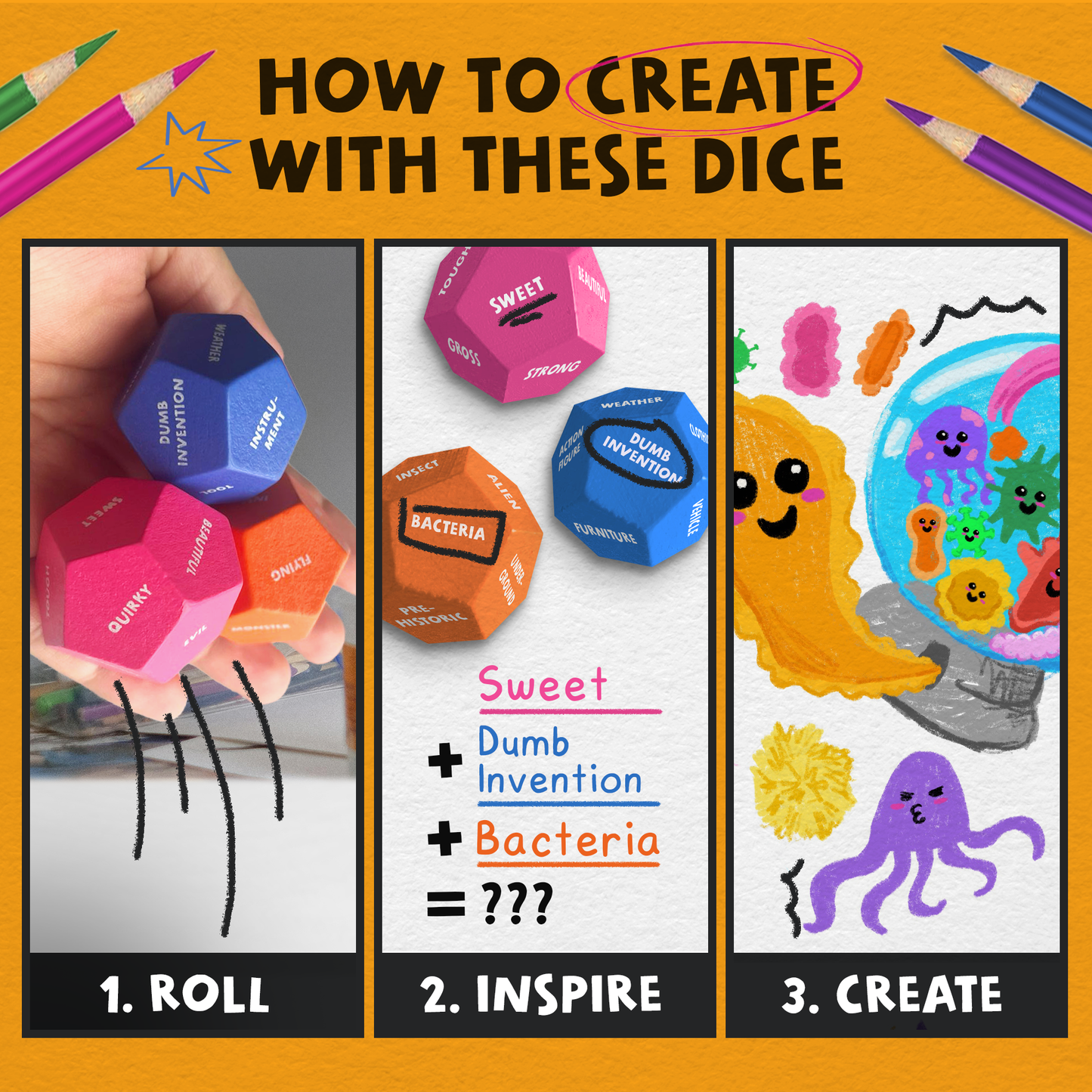Art Dice – 10 Colorful 12-Sided Dice with Prompt Words
