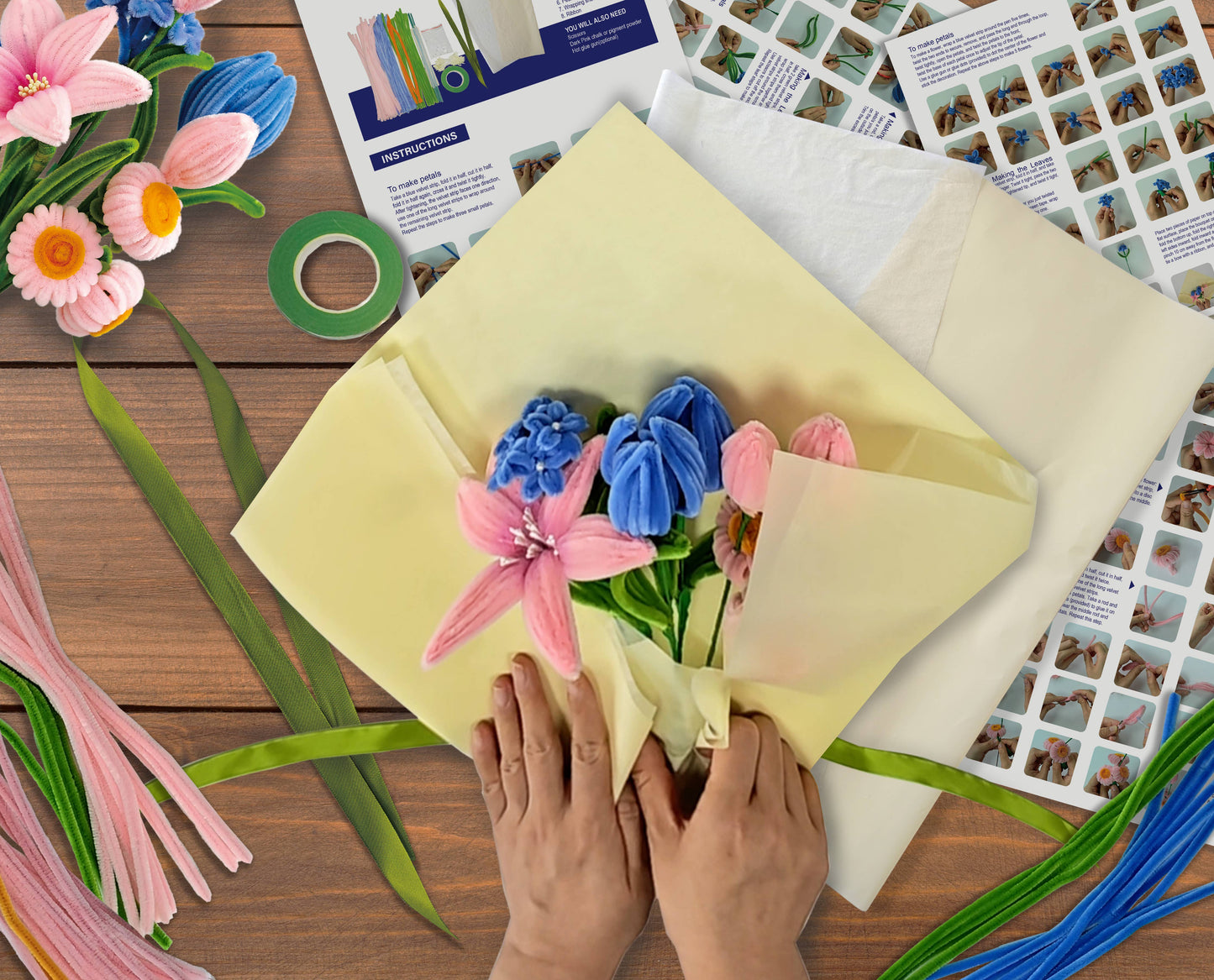 DIY Chenille Flower Bouquet Kit – Pink & Blue Mix