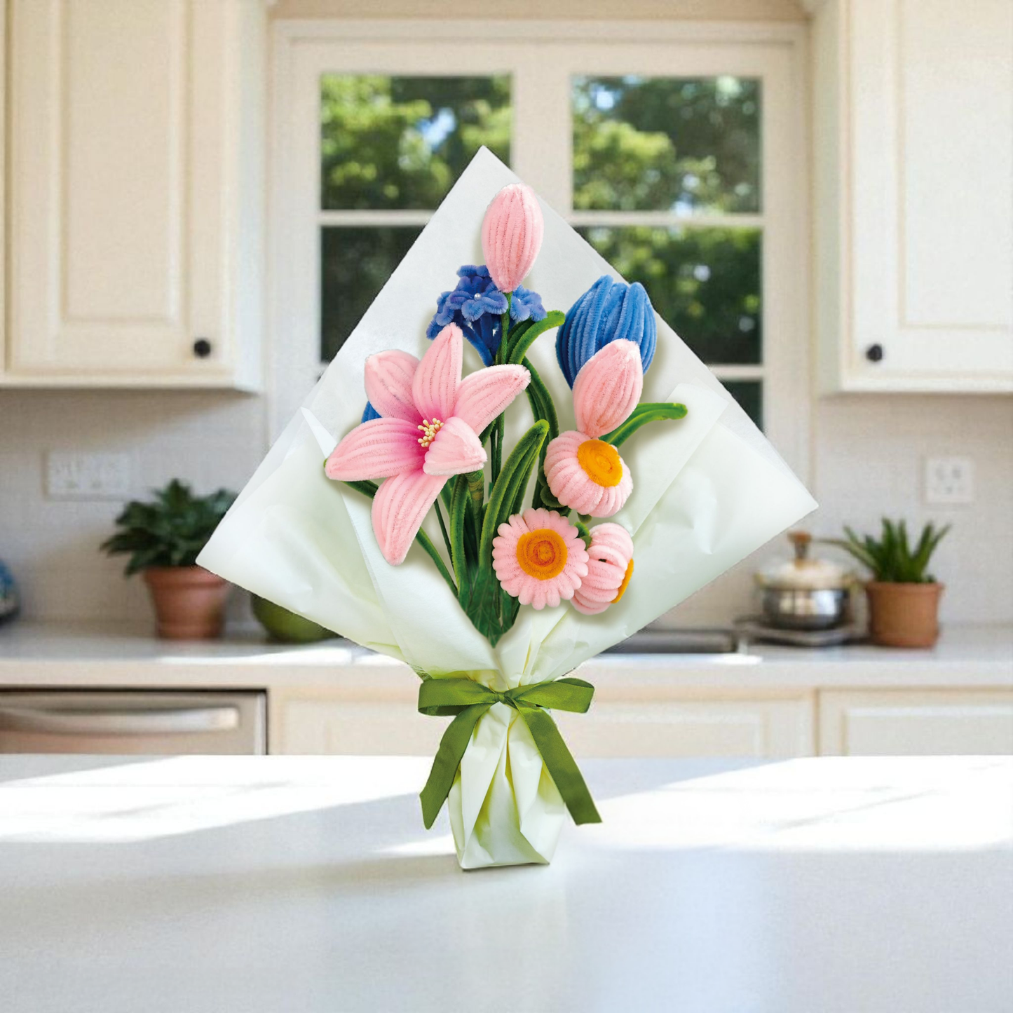 DIY Chenille Flower Bouquet Kit – Pink & Blue Mix