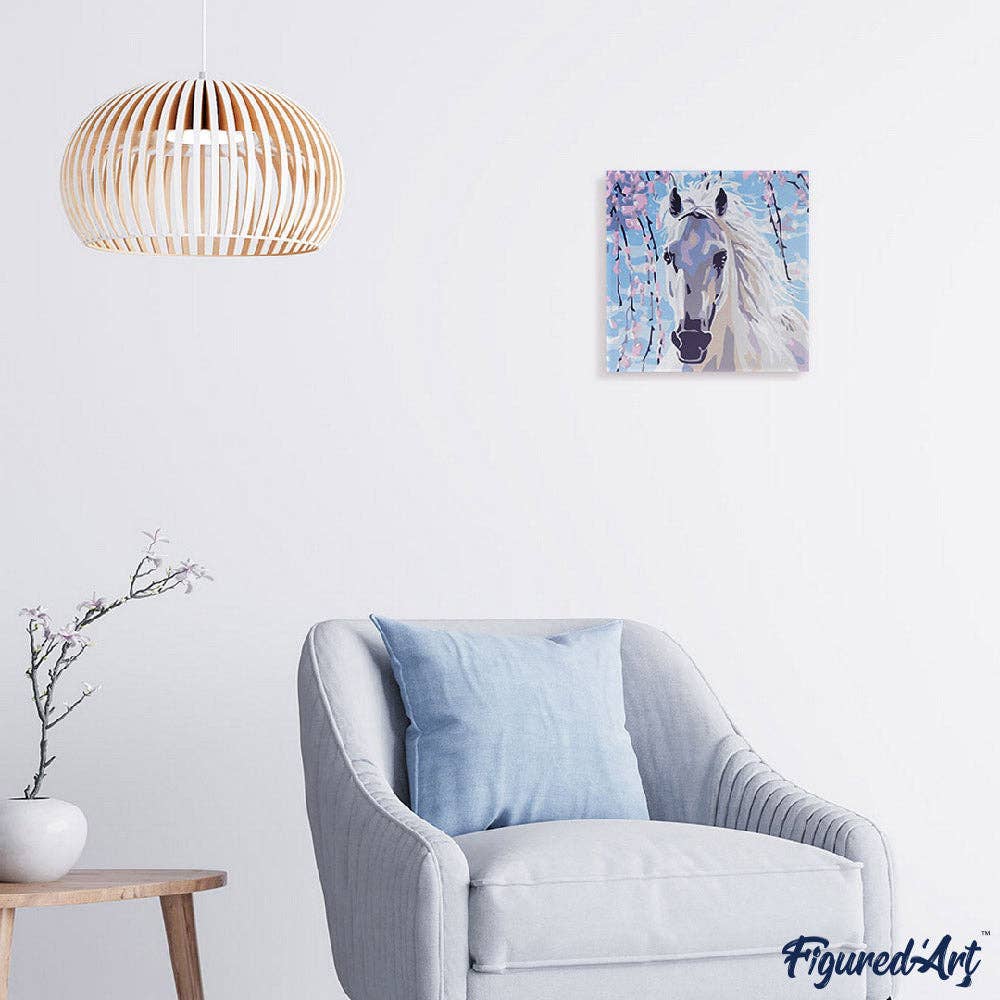 Mini Paint by numbers framed - White Horse And Flowers