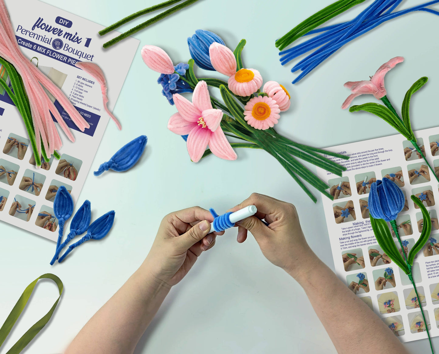 DIY Chenille Flower Bouquet Kit – Pink & Blue Mix