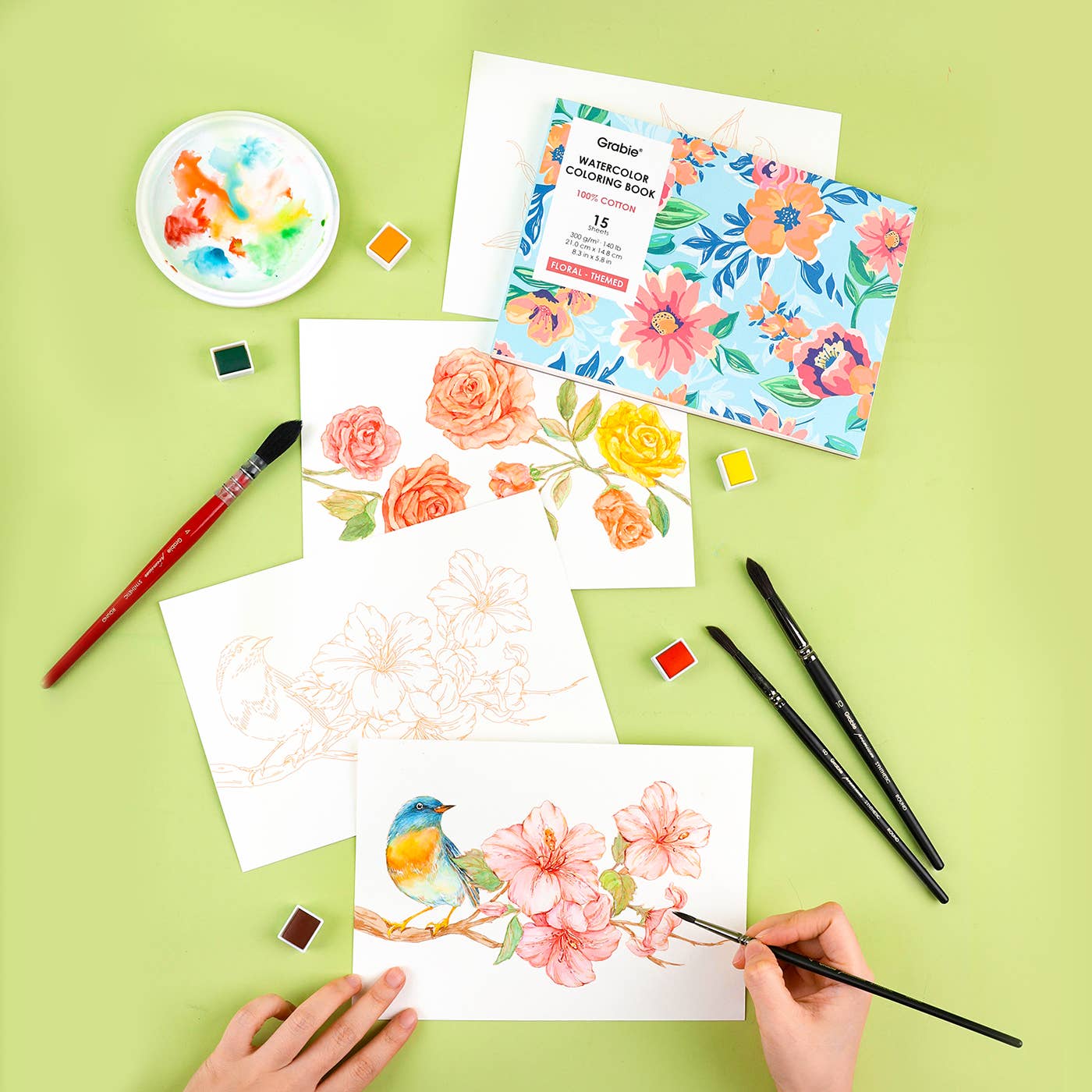 Grabie 15 Sheets 140LB Floral-Themed Watercolor Coloring Book