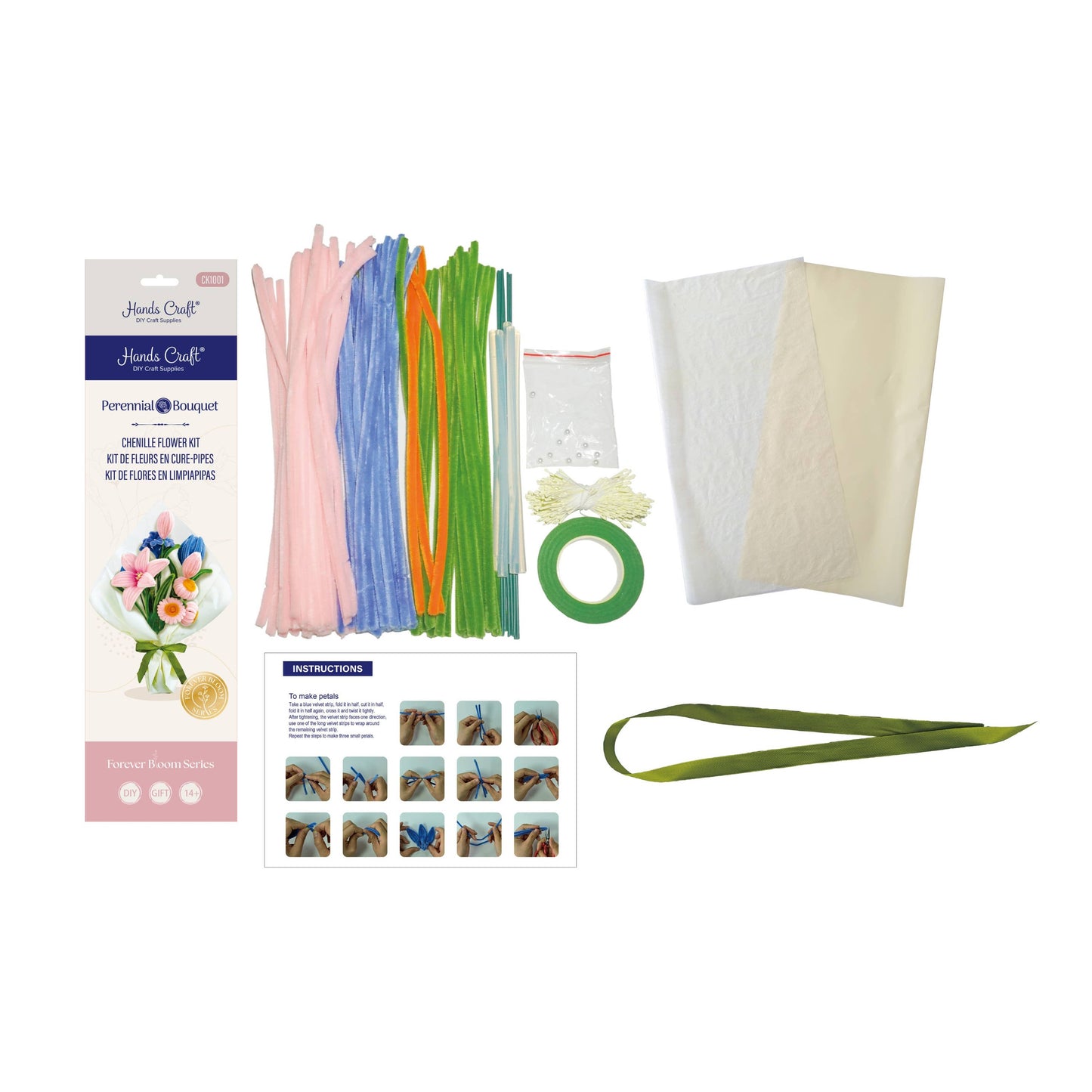 DIY Chenille Flower Bouquet Kit – Pink & Blue Mix
