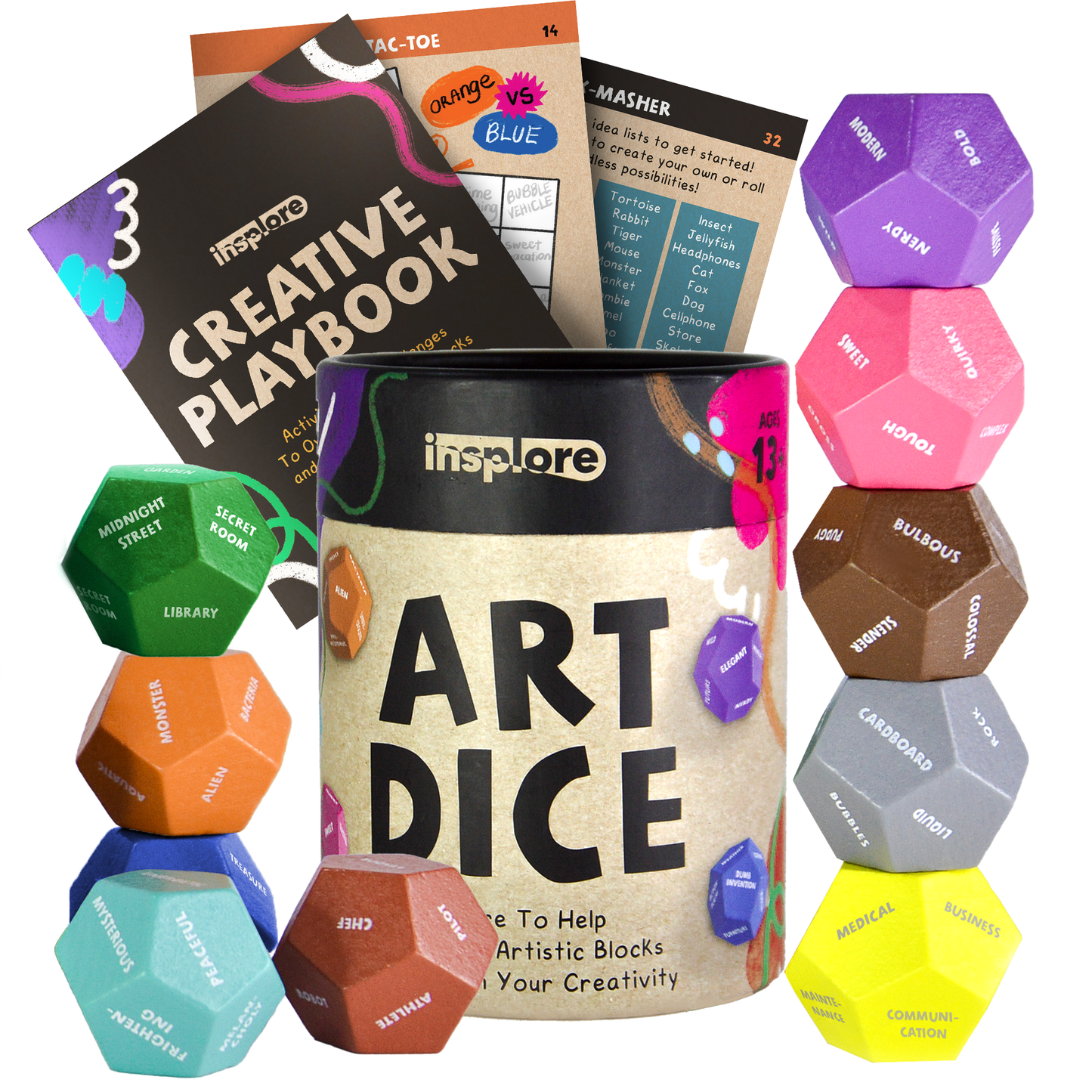 Art Dice – 10 Colorful 12-Sided Dice with Prompt Words