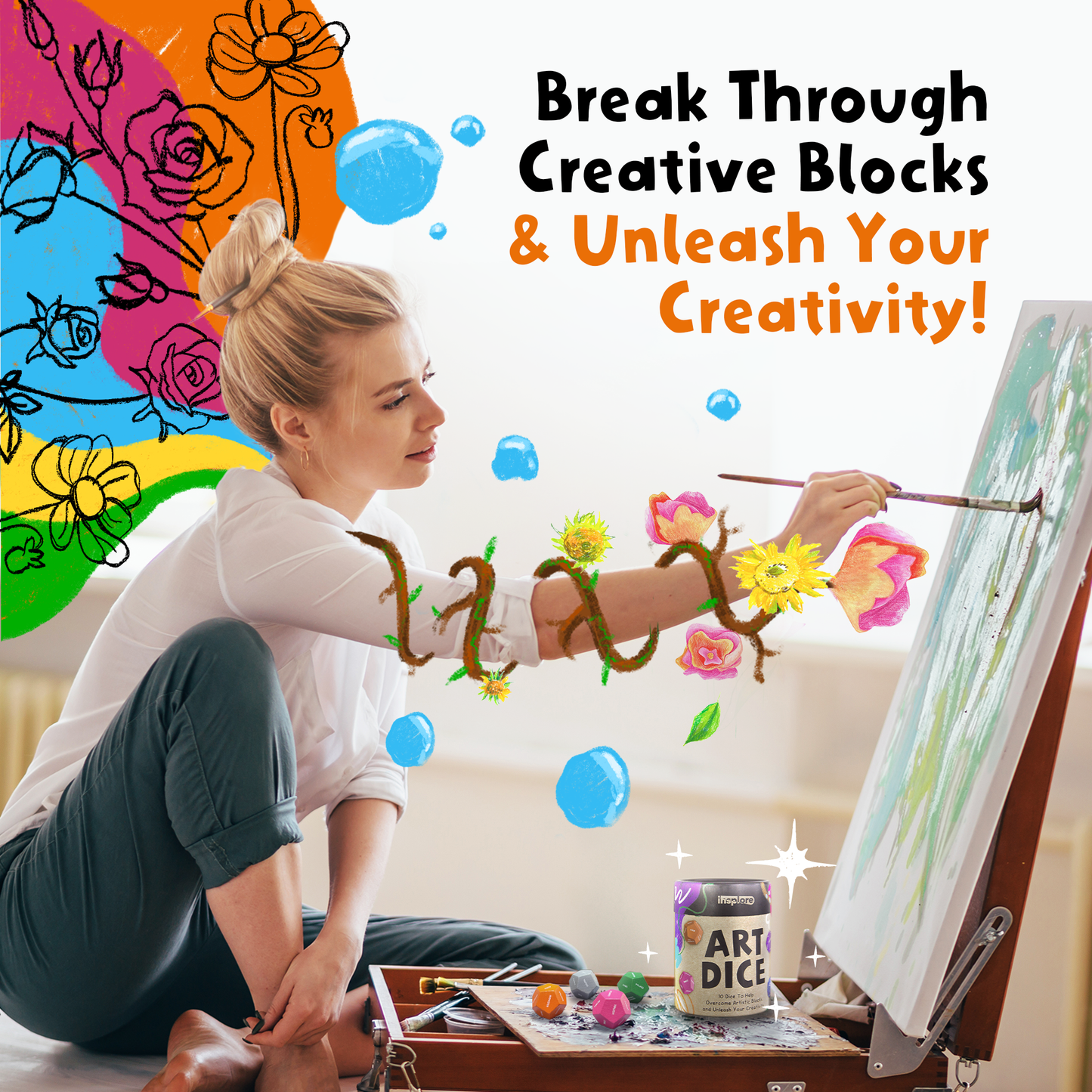 Art Dice – 10 Colorful 12-Sided Dice with Prompt Words